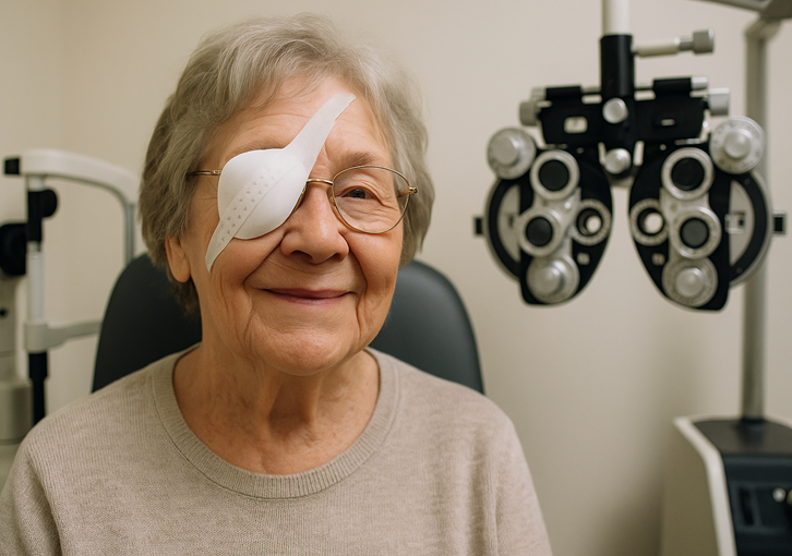 older woman patient at eye doctor who has a patch over her eye after cataract surgery